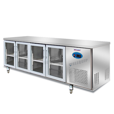 4-door commercial under bench fridge with double glazed glass doors and low running costs