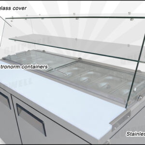 commercial salad prep fridge with glass display and stainless steel GN pans