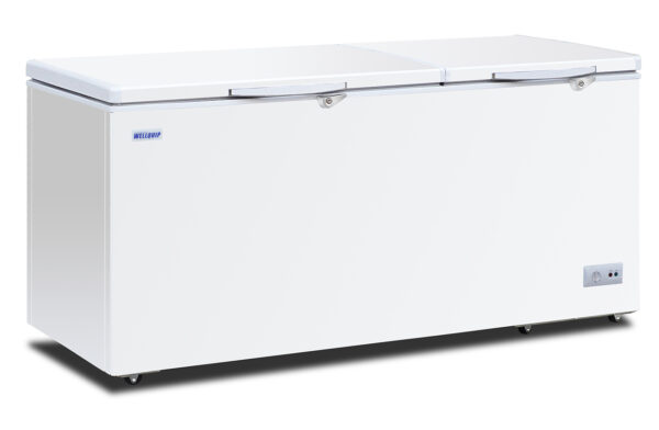 Energy-efficient storage chest fridge with 750L capacity, inventory baskets and solid doors
