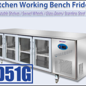 Glass door under bench fridge with 560L capacity, fan-forced cooling and low energy usage