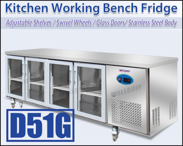 Glass door under bench fridge with 560L capacity, fan-forced cooling and low energy usage