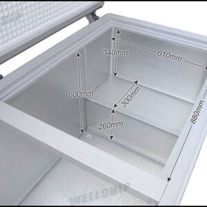 Energy-efficient storage chest fridge with 750L capacity, inventory baskets and solid doors