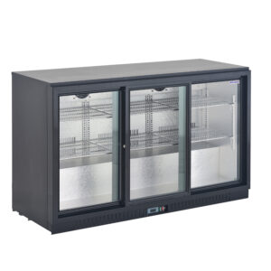 3-door commercial bar fridge with glass doors and LED lighting