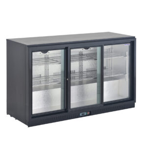 3-door commercial bar fridge with glass doors and LED lighting