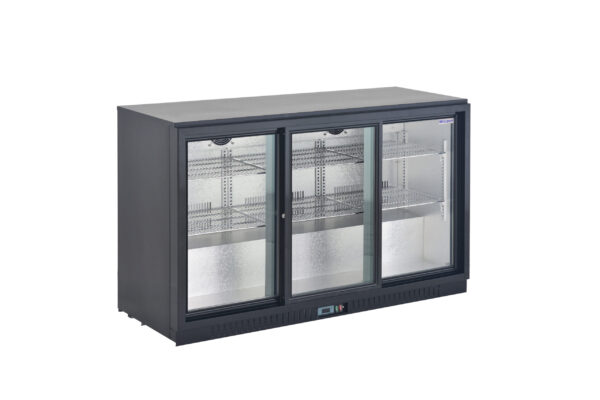 4 (1) 3-door commercial bar fridge with glass doors and LED lighting