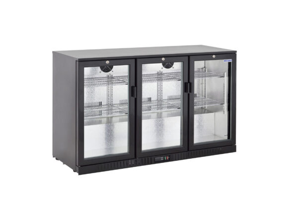 4 3-door commercial bar fridge with glass doors and LED lighting