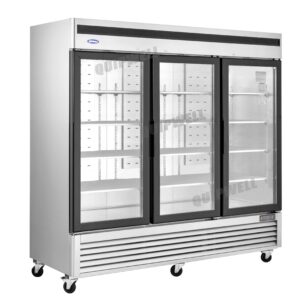 3-door commercial upright display fridge with Low-E glass and LED lighting