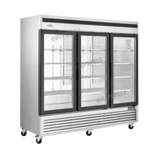3-door commercial upright display freezer with triple-glazed glass doors and LED lighting