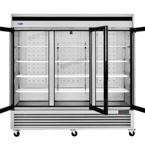 3-door commercial upright display freezer with triple-glazed glass doors and LED lighting