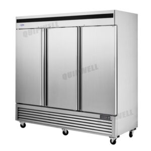 3-door commercial upright storage freezer with stainless steel doors and auto defrost