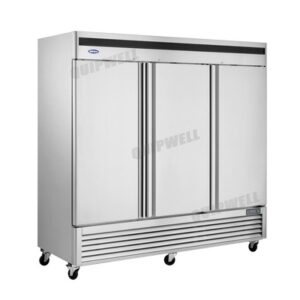 3-door commercial upright storage freezer with stainless steel doors and auto defrost