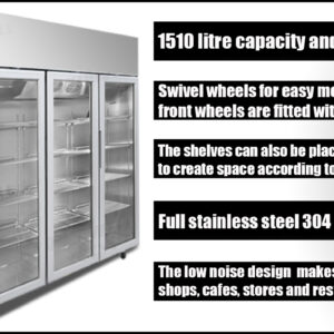 3-door commercial upright display fridge with Low-E glass and LED lighting