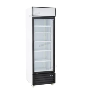 Energy-efficient upright display fridge with 430L capacity, fan-forced cooling and adjustable shelves