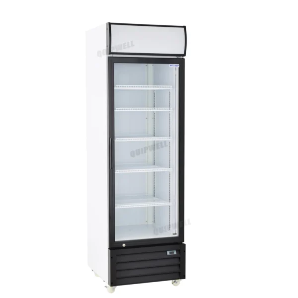 Energy-efficient upright display fridge with 430L capacity, fan-forced cooling and adjustable shelves