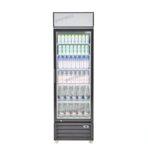1-door commercial upright display fridge with glass doors and LED lighting