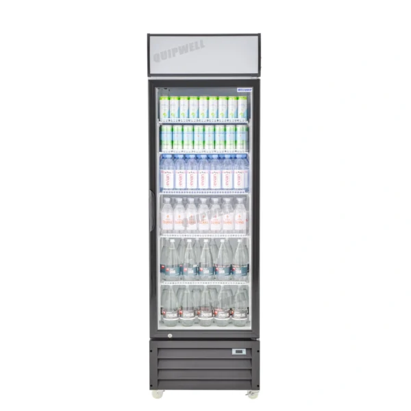 1-door commercial upright display fridge with glass doors and LED lighting