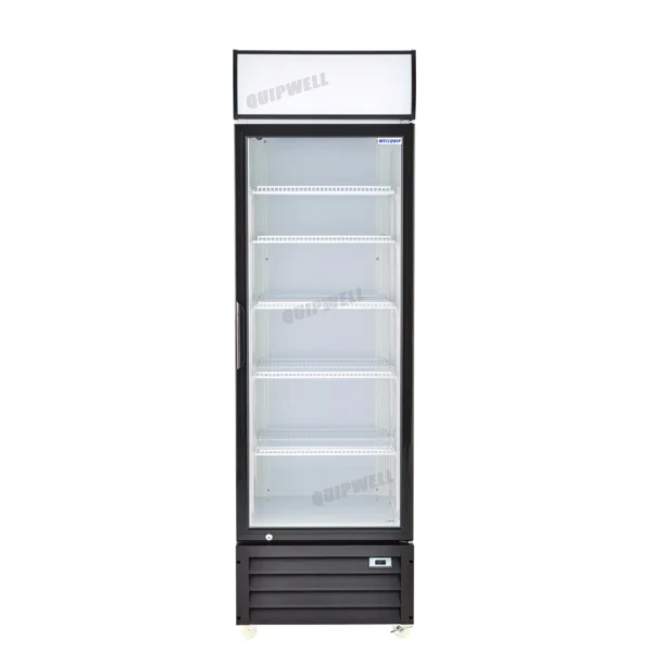 1-door commercial upright display fridge with glass doors and LED lighting