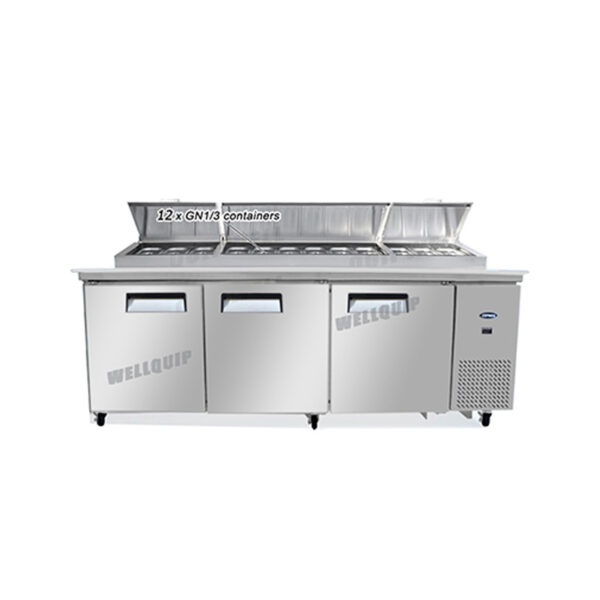 commercial pizza prep fridge with stainless steel GN pans