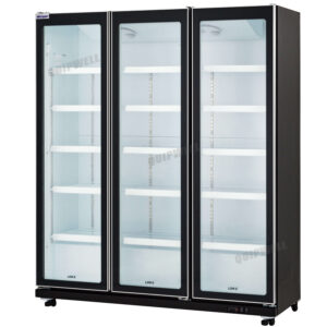 3-door commercial upright display fridge with full height Low-E glass doors and LED lighting