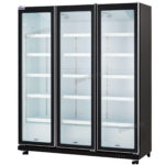3-door commercial upright display fridge with full height Low-E glass doors and LED lighting