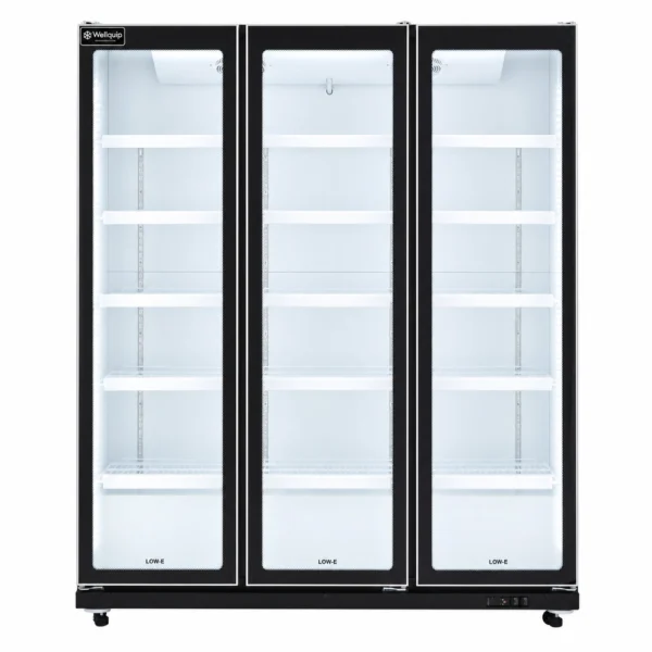 Black upright display fridge for supermarkets and retail display