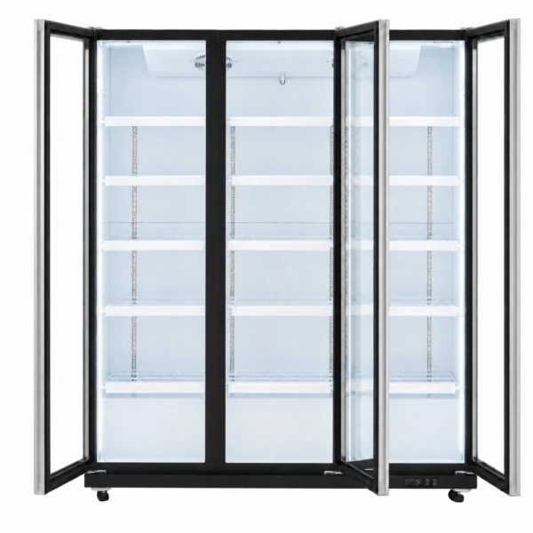 Black upright display fridge for supermarkets and retail display