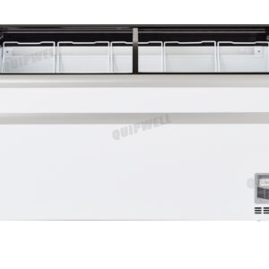 Energy-efficient glass display chest freezer with 500L capacity, LED lighting and curved sliding doors