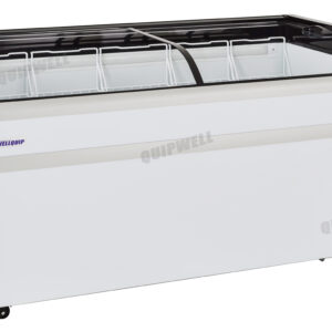 Energy-efficient glass display chest fridge with 500L capacity, LED lighting and curved sliding doors