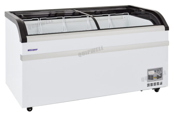 KB500-2A Energy-efficient glass display chest fridge with 500L capacity, LED lighting and curved sliding doors