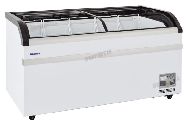KB500-2A Energy-efficient glass display chest fridge with 500L capacity, LED lighting and curved sliding doors