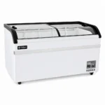 Energy-efficient glass display chest freezer with 500L capacity, LED lighting and curved sliding doors