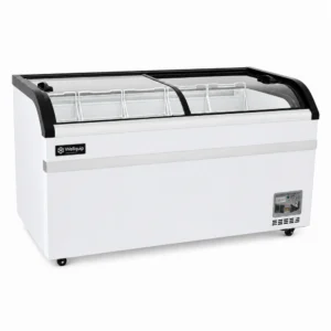 Energy-efficient glass display chest freezer with 500L capacity, LED lighting and curved sliding doors