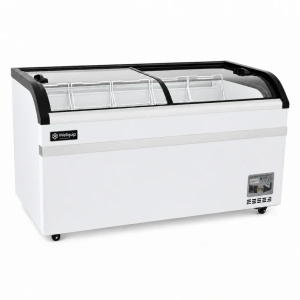 KB500_Front-left with doors closed Energy-efficient glass display chest freezer with 500L capacity, LED lighting and curved sliding doors