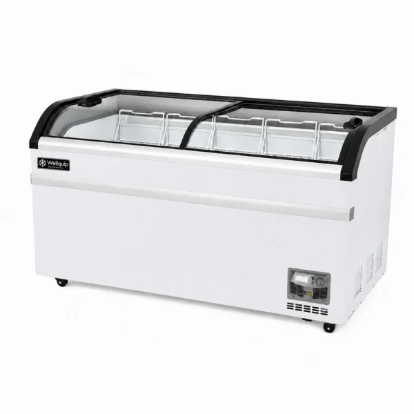 Energy-efficient glass display chest freezer with 500L capacity, LED lighting and curved sliding doors