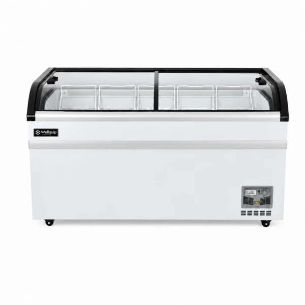 Energy-efficient glass display chest freezer with 500L capacity, LED lighting and curved sliding doors