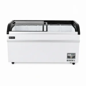 Energy-efficient glass display chest freezer with 500L capacity, LED lighting and curved sliding doors