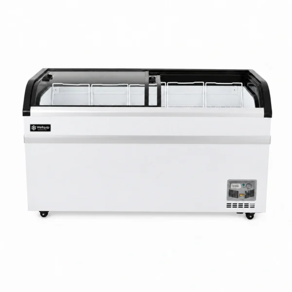 Energy-efficient glass display chest freezer with 500L capacity, LED lighting and curved sliding doors