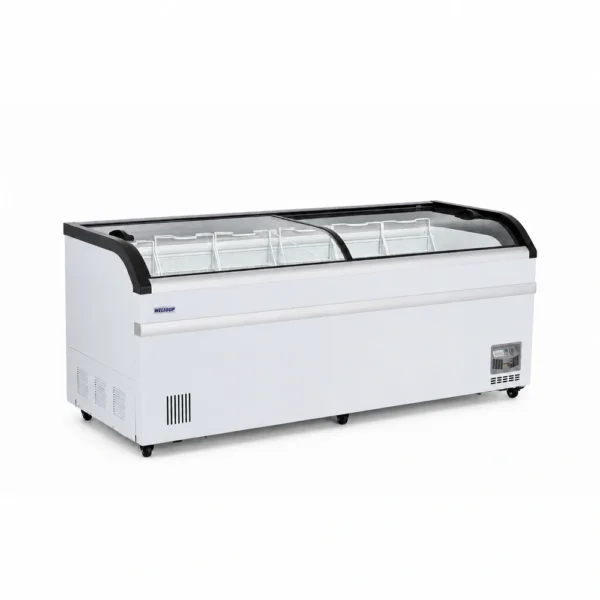 Energy-efficient glass display chest freezer with 750L capacity, LED lighting and curved sliding doors