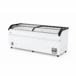 Energy-efficient glass display chest freezer with 750L capacity, LED lighting and curved sliding doors