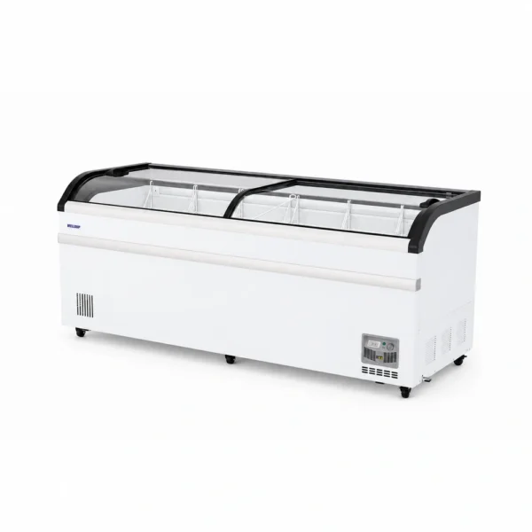 KB700_Front-right with doors closed Energy-efficient glass display chest freezer with 750L capacity, LED lighting and curved sliding doors