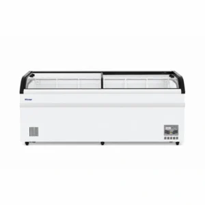 Energy-efficient glass display chest freezer with 750L capacity, LED lighting and curved sliding doors