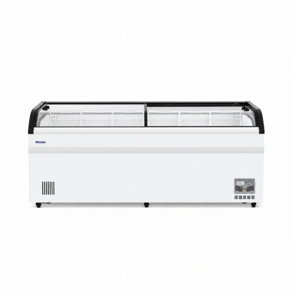 Energy-efficient glass display chest freezer with 750L capacity, LED lighting and curved sliding doors