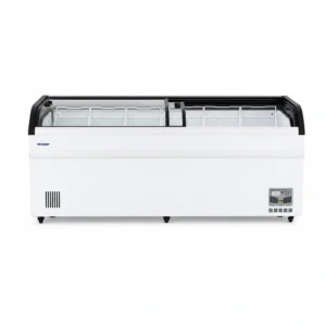 Energy-efficient glass display chest freezer with 750L capacity, LED lighting and curved sliding doors
