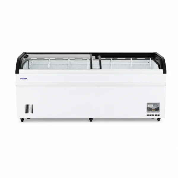 Energy-efficient glass display chest freezer with 750L capacity, LED lighting and curved sliding doors