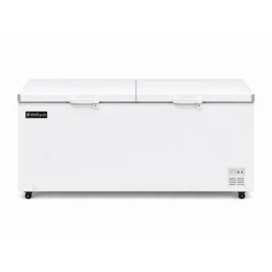 Front facing storage chest freezer with 750L capacity, wire frame baskets and solid doors
