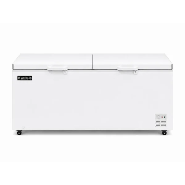 Front facing storage chest freezer with 750L capacity, wire frame baskets and solid doors