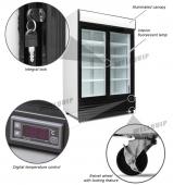 2-door commercial upright display fridge with sliding glass doors and LED lighting