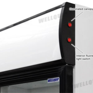 3-door commercial upright display fridge with glass doors and LED lighting