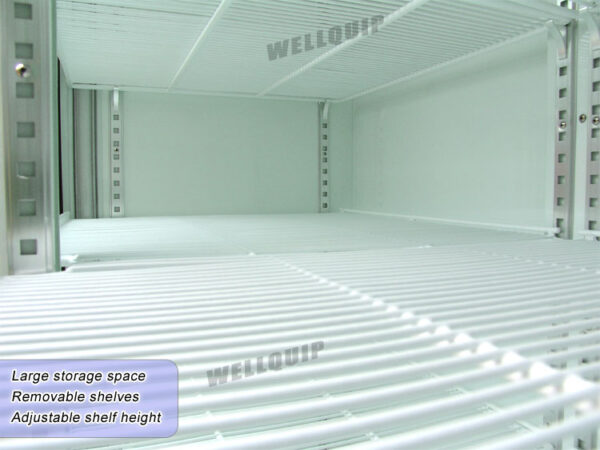 Energy-efficient upright display fridge with 1500L capacity, fan-forced cooling and adjustable shelves