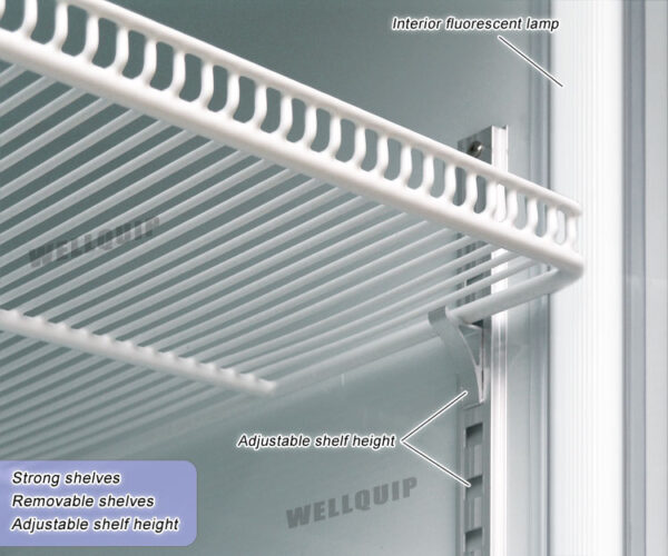 Energy-efficient upright display fridge with 1500L capacity, fan-forced cooling and adjustable shelves